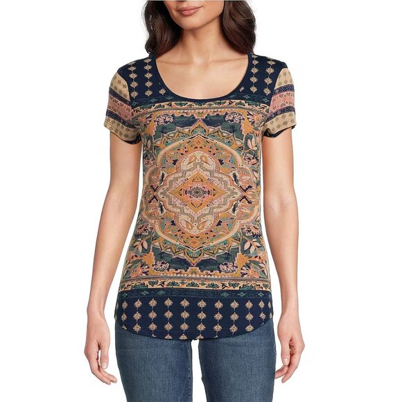 Lucky Brand Blue Persian Carpet Print Scoop Neck Tee Women’s Medium - Picture 1 of 11